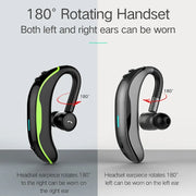 Wireless Bluetooth headset with a 180-degree rotating earpiece for use on both left and right ears. Ergonomic design with a sleek black and green finish.