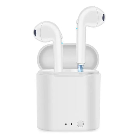 White wireless Bluetooth earbuds with charging case, featuring a sleek design and LED indicators. Ideal for music, calls, and sports activities...