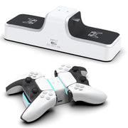 Fast charger for PlayStation 5 controllers, supporting two controllers simultaneously with LED lighting.